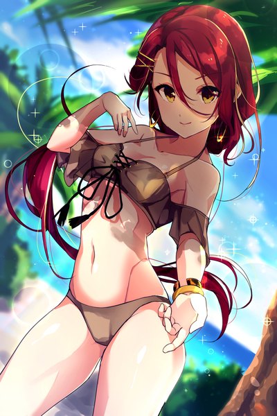 Anime picture 1516x2272 with love live! sunshine!! sunrise (studio) love live! sakurauchi riko goroo (eneosu) single long hair tall image looking at viewer fringe breasts light erotic hair between eyes standing bare shoulders yellow eyes sky cloud (clouds) outdoors red hair