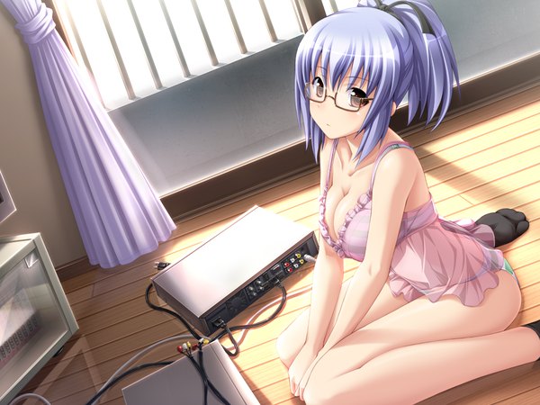 Anime picture 1024x768 with mirai nostalgia purple software kudou hinano koku short hair light erotic red eyes blue hair game cg cleavage underwear only girl underwear panties glasses