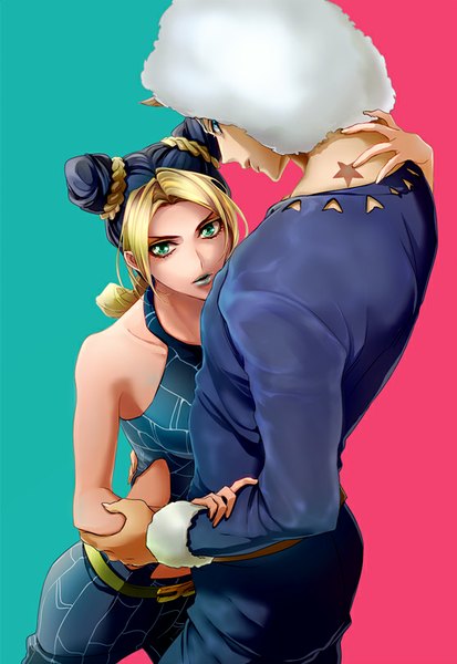 Anime picture 558x810 with jojo no kimyou na bouken kujo jolyne weather report joka (night gate) long hair tall image looking at viewer blue eyes simple background bare shoulders green eyes braid (braids) profile multicolored hair from above mole two-tone hair hair bun (hair buns) tattoo hug