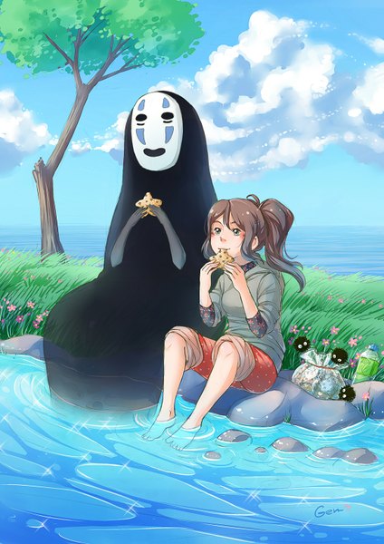 Anime picture 1096x1550 with spirited away studio ghibli ogino chihiro no face (spirited away) mikoele long hair tall image blush brown hair sitting green eyes sky cloud (clouds) ponytail eating river girl flower (flowers) plant (plants) tree (trees)