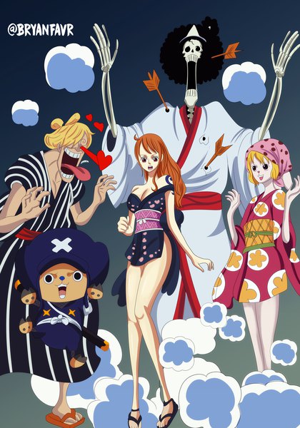 Anime picture 3500x5000 with one piece toei animation nami (one piece) sanji tony tony chopper brook (one piece) carrot (one piece) bryanfavr long hair tall image looking at viewer fringe highres short hair breasts open mouth light erotic black hair simple background blonde hair