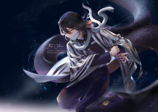 Anime picture 1468x1042 with kimetsu no yaiba ufotable iguro obanai callarinc single looking at viewer fringe short hair black hair hair between eyes signed traditional clothes japanese clothes heterochromia striped covered mouth boy weapon animal sword