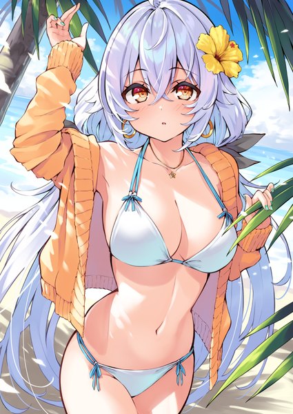 Anime picture 708x1000 with cu-no rapua qive hisenkaede single long hair tall image looking at viewer blush fringe breasts open mouth light erotic hair between eyes large breasts standing yellow eyes payot sky cleavage silver hair