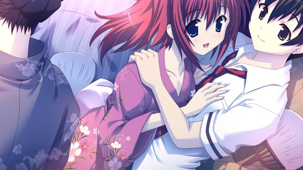 Anime picture 1024x576 with love-bride eve short hair black hair wide image game cg red hair japanese clothes couple girl boy serafuku kimono