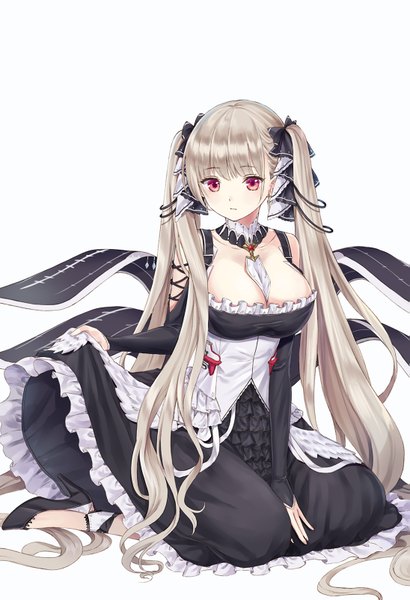 Anime picture 1095x1600 with azur lane formidable (azur lane) orangekun single tall image looking at viewer fringe breasts light erotic simple background red eyes large breasts white background sitting twintails holding cleavage full body blunt bangs very long hair