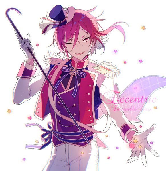 Anime picture 827x852 with ensemble stars! sakasaki natsume o-ishi single tall image looking at viewer fringe short hair simple background hair between eyes red eyes white background red hair one eye closed multicolored hair wink two-tone hair boy gloves hat