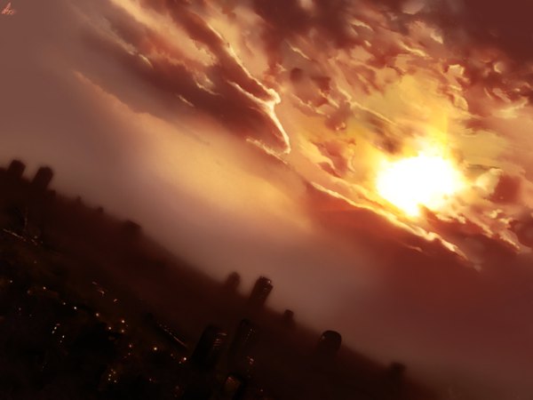 Anime picture 2500x1875 with original kasou kasou highres evening sunset cityscape landscape smog