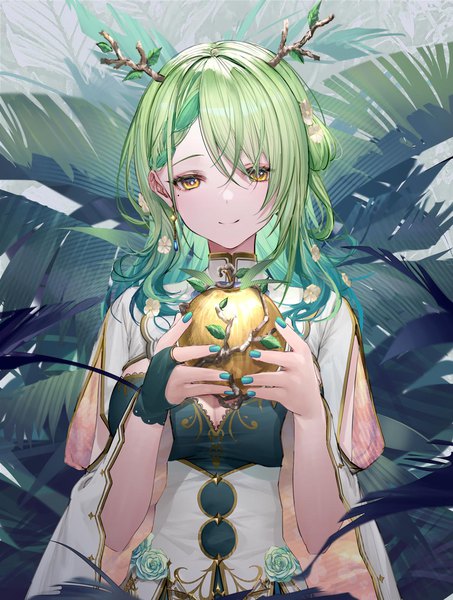 Anime picture 975x1291 with virtual youtuber hololive hololive english ceres fauna ceres fauna (1st costume) takubon single long hair tall image looking at viewer fringe smile holding yellow eyes upper body horn (horns) green hair hair over one eye mole mole under eye