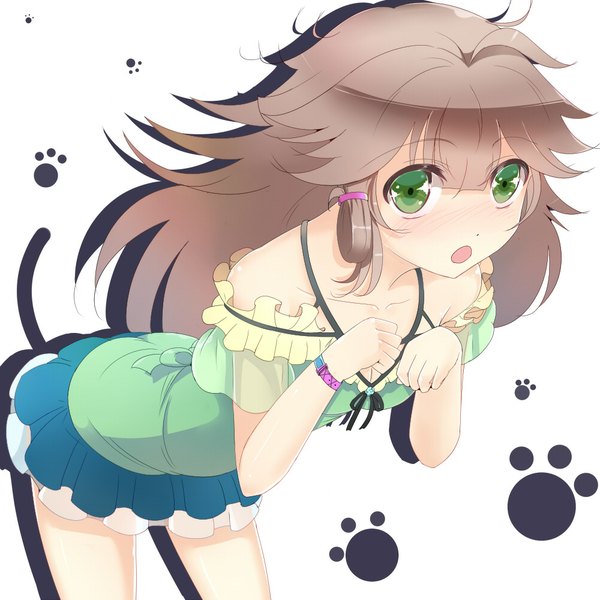Anime picture 1000x1000 with original sts single long hair looking at viewer blush open mouth brown hair green eyes girl dress