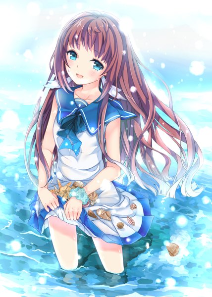 Anime picture 1000x1400 with nagi no asukara p.a. works mukaido manaka fipo single long hair tall image looking at viewer blush open mouth blue eyes smile brown hair girl dress uniform school uniform water bracelet seashell