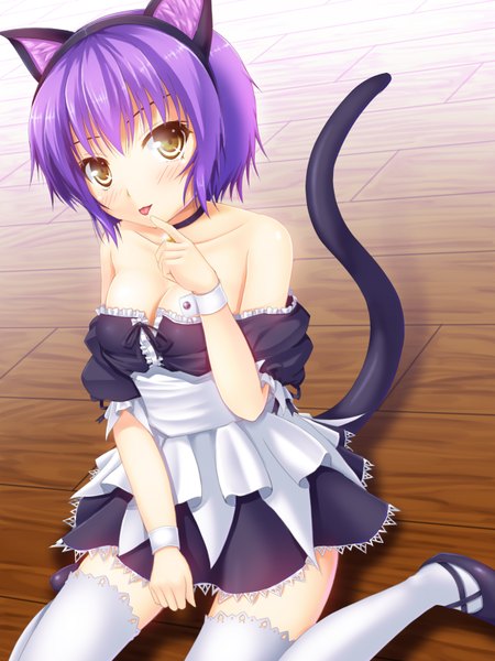 Anime picture 1200x1600 with daitoshokan no hitsujikai misono senri noshimasa single tall image blush short hair light erotic bare shoulders animal ears yellow eyes purple hair cat ears cat girl cat tail finger to mouth girl thighhighs dress white thighhighs