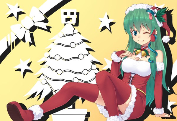 Anime picture 1225x840 with touhou kochiya sanae saemon (tonpura) single long hair blue eyes simple background sitting bare shoulders one eye closed green hair wink fur trim christmas :p yellow background merry christmas girl thighhighs hair ornament