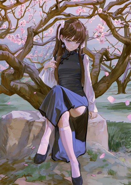 Anime picture 854x1199 with original eyeball bracelet girl (fkey) fkey single long hair tall image looking at viewer blush fringe light erotic brown hair sitting brown eyes full body bent knee (knees) outdoors blunt bangs long sleeves traditional clothes head tilt