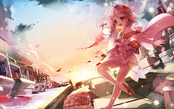 Anime picture 1000x625 with sergestid shrimp in tungkang xuan ying fuyouchu single long hair looking at viewer blush open mouth red eyes pink hair sky traditional clothes japanese clothes hair flower evening sunset girl hair ornament flower (flowers) petals