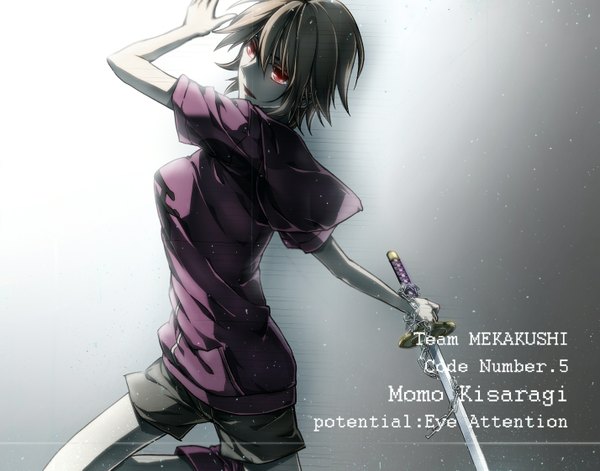 Anime picture 1427x1121 with kagerou project shaft (studio) kisaragi momo fukkin (hukkyunzzz) single fringe short hair breasts open mouth blonde hair red eyes standing holding inscription glowing glowing eye (eyes) fighting stance girl weapon sword