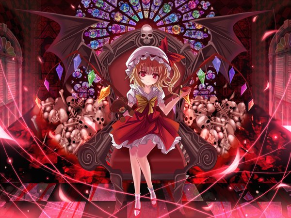 Anime picture 1600x1200 with touhou flandre scarlet marionette (excle) short hair blonde hair red eyes sitting checkered floor bat wings girl wings window rose (roses) toy stuffed animal chair skull teddy bear throne stained glass