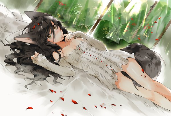 Anime picture 990x676 with original kyuusugi toku single long hair looking at viewer blush fringe light erotic black hair hair between eyes bare shoulders brown eyes animal ears tail lying animal tail bare legs on back shiny skin finger to mouth