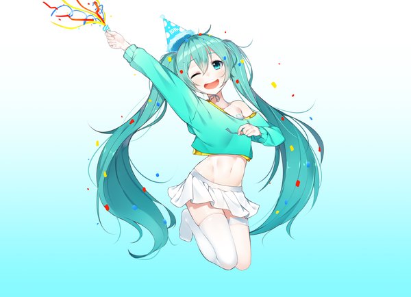 Anime picture 4204x3040 with vocaloid hatsune miku the cold single looking at viewer fringe highres open mouth smile hair between eyes white background twintails absurdres full body bent knee (knees) long sleeves very long hair one eye closed aqua eyes aqua hair
