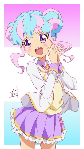 Anime picture 1536x2730 with aikatsu! aikatsu stars! hanazono kirara nii manabu single tall image blush short hair open mouth purple eyes signed payot looking away :d pleated skirt multicolored hair two-tone hair hair bun (hair buns) border hands clasped