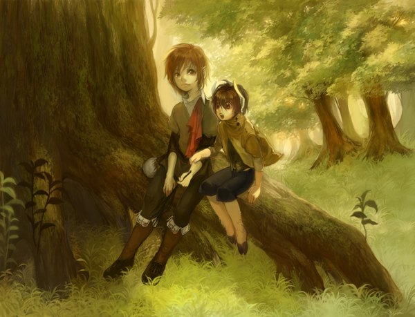 Anime picture 1488x1140 with original taku (yasuzo kara henko) short hair open mouth brown hair sitting brown eyes horn (horns) boy plant (plants) tree (trees) grass forest child (children)