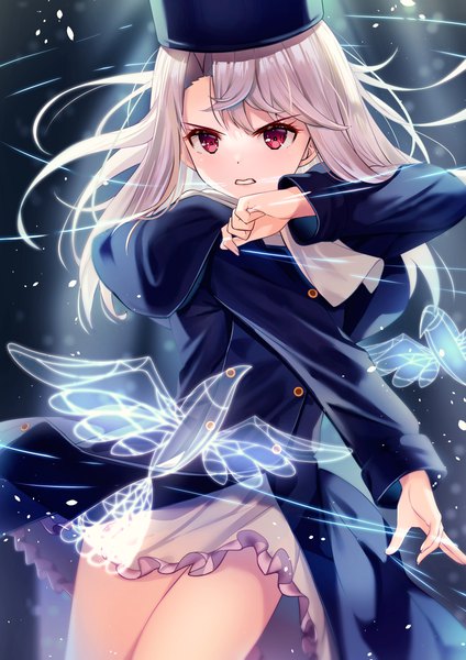 Anime picture 2894x4093 with fate (series) fate/stay night illyasviel von einzbern yan (nicknikg) single long hair tall image highres red eyes looking away silver hair magic clenched teeth girl hat animal bird (birds)