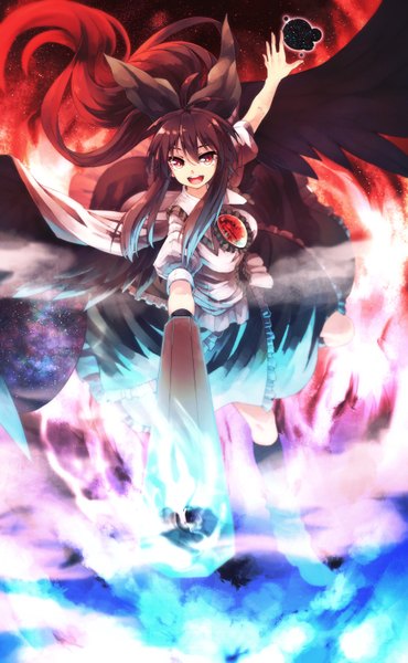 Anime picture 925x1500 with touhou reiuji utsuho ibuki notsu single long hair tall image looking at viewer open mouth black hair red eyes ponytail flying starry sky print arm cannon space print girl skirt bow weapon hair bow