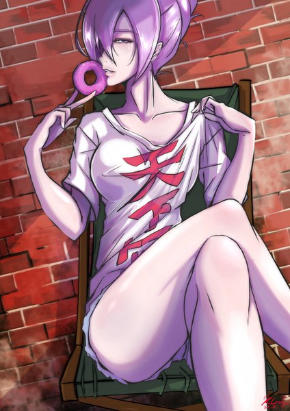 Anime picture 2480x3508 with uchouten kazoku p.a. works benten-sama (uchouten kazoku) deathklovc single tall image looking at viewer highres short hair purple eyes signed purple hair profile inscription crossed legs clothes writing girl food shorts short shorts