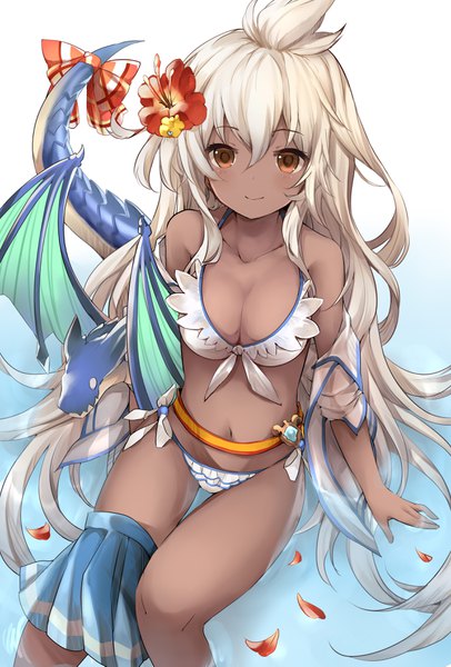 Anime picture 2480x3661 with granblue fantasy the order grande shiodome oji long hair tall image looking at viewer fringe highres breasts light erotic simple background smile hair between eyes white background sitting brown eyes cleavage ahoge white hair pleated skirt