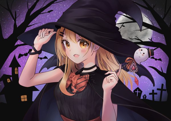 Anime picture 1748x1240 with virtual youtuber hololive yozora mel lanzi (lanzi vt) single long hair blush fringe highres open mouth blonde hair hair between eyes yellow eyes upper body :d halloween bare tree girl plant (plants) hat