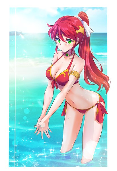 Anime picture 1080x1575 with rwby rooster teeth pyrrha nikos iesupa single long hair tall image looking at viewer fringe breasts light erotic hair between eyes large breasts standing green eyes sky cleavage ponytail red hair parted lips