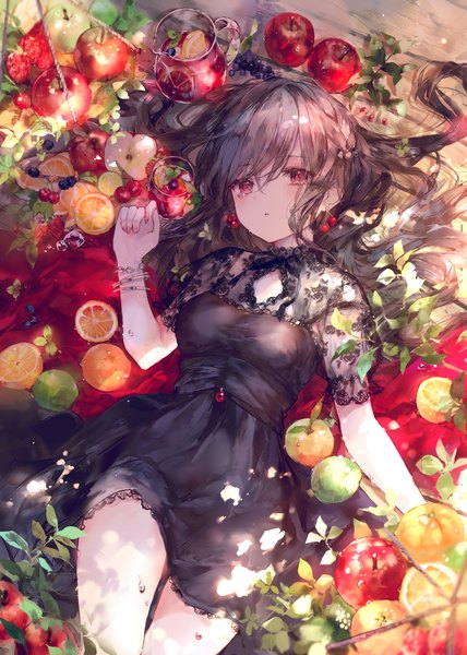 Anime picture 1500x2104 with original onineko single long hair tall image looking at viewer blush fringe breasts hair between eyes red eyes lying nail polish fingernails short sleeves wet tears floral print crying sad
