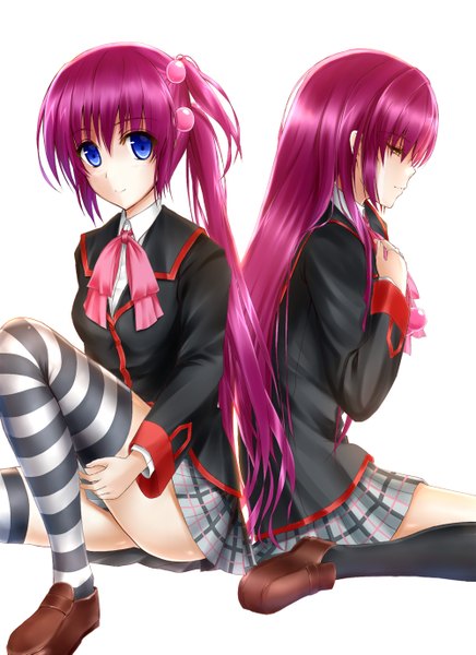 Anime picture 1000x1375 with little busters! key (studio) saigusa haruka futaki kanata clog (n-ym0822) long hair tall image blue eyes simple background white background multiple girls yellow eyes purple hair girl thighhighs skirt uniform 2 girls school uniform socks