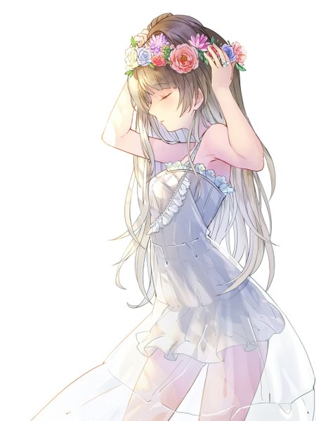 Anime-Bild 2000x2666 mit love live! school idol project sunrise (studio) love live! minami kotori rio.lw single long hair tall image fringe highres simple background brown hair white background bare shoulders eyes closed hair flower one side up hands on head girl dress