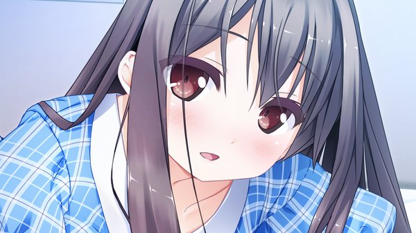 Anime picture 1280x720 with ano ko wa ore kara hanarenai giga sakurai yuzuki long hair blush open mouth black hair wide image brown eyes game cg girl pajamas