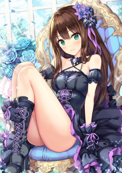 Anime picture 1131x1600 with idolmaster idolmaster cinderella girls shibuya rin hhama single long hair tall image looking at viewer blush fringe breasts light erotic smile hair between eyes brown hair sitting bare shoulders payot bent knee (knees) hair flower