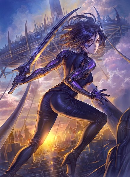 Anime picture 830x1132 with battle angel alita gally nariann single tall image looking at viewer short hair breasts light erotic black hair holding brown eyes sky cloud (clouds) full body bent knee (knees) outdoors ass parted lips looking back