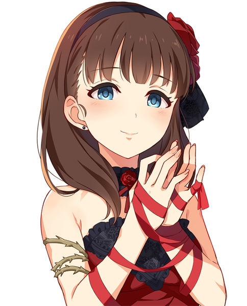 イラスト 686x850 と アイドルマスター アイドルマスターシンデレラガールズ idolmaster cinderella girls starlight stage 佐久間まゆ ゆうひ ソロ 長髪 長身像 カメラ目線 赤面 前髪 青い目 simple background 笑顔 茶色の髪 白背景 肩出し upper body blunt bangs fingernails