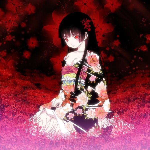 Anime picture 1000x1000 with hell girl studio deen enma ai yasuyuki single long hair looking at viewer fringe breasts light erotic black hair red eyes sitting cleavage blunt bangs traditional clothes japanese clothes hair flower bare legs floral print