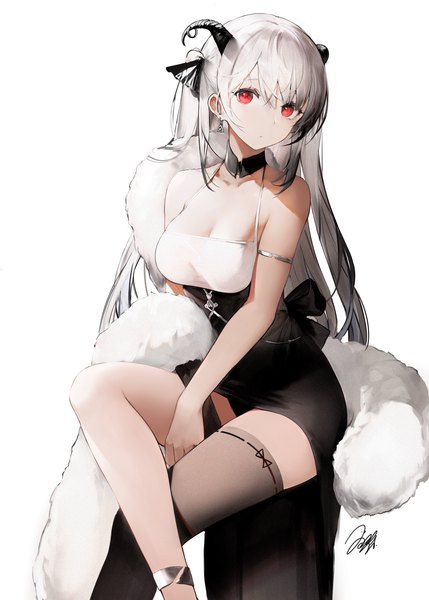 Anime picture 2145x3000 with original iori (cpeilad) single long hair tall image looking at viewer fringe highres breasts light erotic simple background red eyes large breasts white background bare shoulders signed cleavage silver hair bent knee (knees) horn (horns)