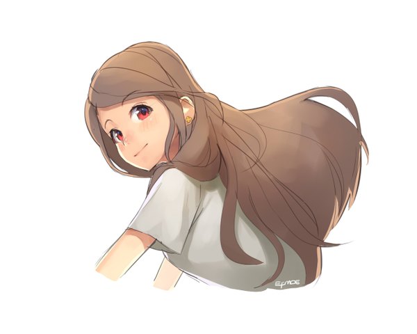 Anime picture 1280x1024 with original efmoe single long hair looking at viewer simple background smile red eyes brown hair white background signed looking back wind girl earrings