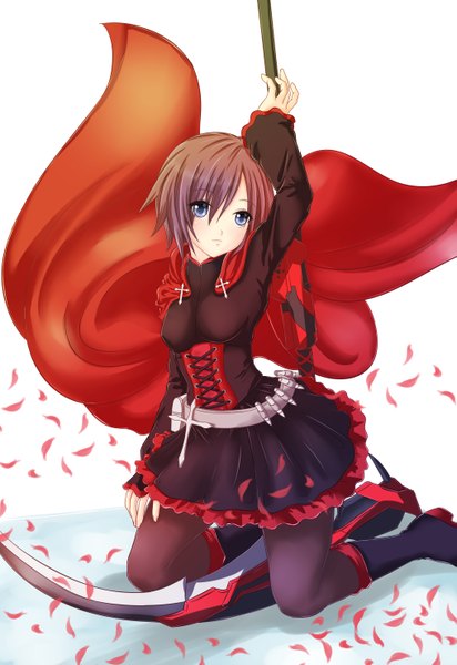 Anime picture 2031x2952 with rwby rooster teeth ruby rose iori1112 single tall image looking at viewer blush highres short hair brown hair absurdres kneeling silver eyes between legs girl weapon petals pantyhose boots