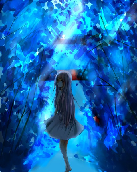 Anime picture 1024x1280 with original rabito (artist) single long hair tall image fringe pink hair looking back barefoot night girl plant (plants) tree (trees) sundress