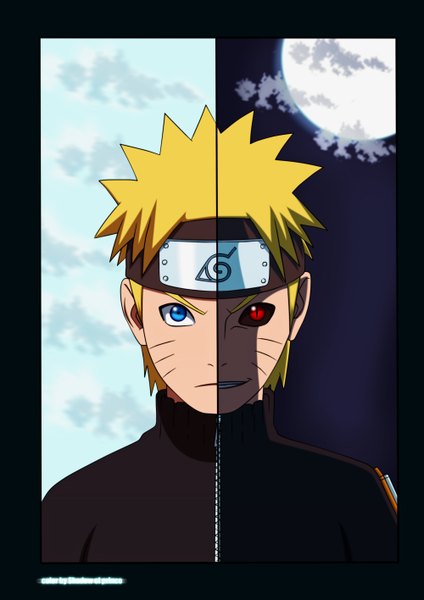 Anime picture 2000x2832 with naruto studio pierrot naruto (series) uzumaki naruto shadowofprince single tall image highres short hair blue eyes blonde hair smile red eyes sky cloud (clouds) night sky heterochromia coloring facial mark portrait