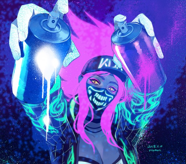 Anime picture 1890x1668 with league of legends k/da (league of legends) akali (league of legends) k/da akali momori single long hair looking at viewer fringe highres breasts holding signed yellow eyes payot pink hair cleavage upper body head tilt open jacket