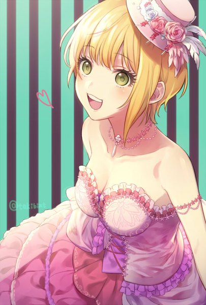 Anime picture 540x800 with idolmaster idolmaster cinderella girls idolmaster cinderella girls starlight stage miyamoto frederica takibixt single tall image blush short hair open mouth blonde hair bare shoulders green eyes signed cleavage :d teeth twitter username striped background lumiere etoile