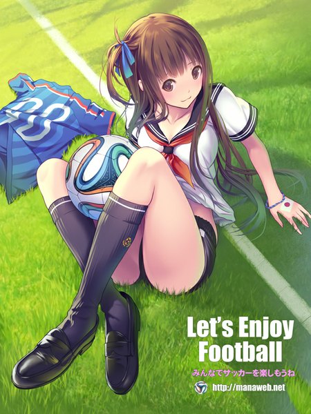 Anime picture 600x800 with ilog world cup 2014 fifa world cup enoshima asuka mana kakkowarai long hair tall image blush light erotic brown hair brown eyes football girl uniform socks serafuku black socks gym uniform ball soccer ball