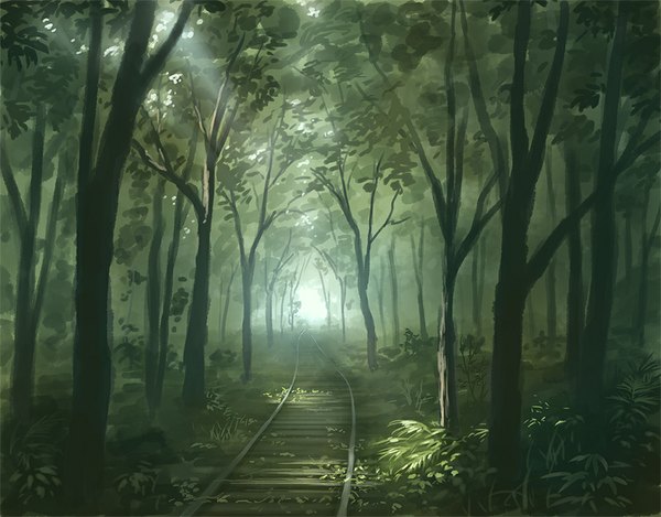 Anime picture 1000x783 with original doora (dora0913) sunlight no people landscape sunbeam scenic fog plant (plants) tree (trees) grass forest railroad tracks