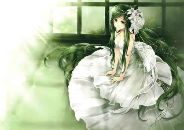 Anime picture 5086x3580 with shadow of the colossus (game) tagme (character) hagiwara rin single long hair looking at viewer blush highres smile sitting bare shoulders green eyes absurdres cleavage hair flower green hair wedding girl dress hair ornament