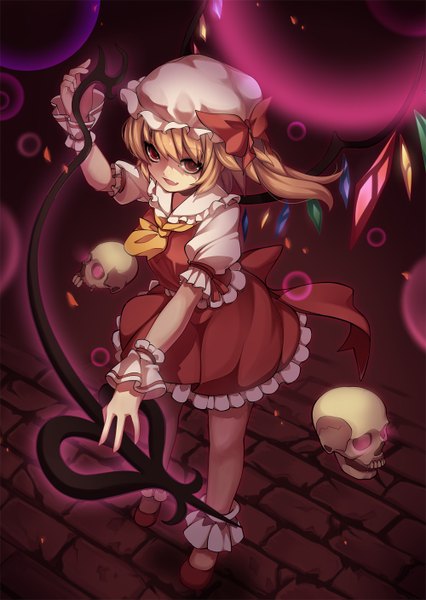 Anime picture 1000x1407 with touhou flandre scarlet kaka cheung single tall image short hair open mouth blonde hair red eyes girl dress skirt bow weapon wings bonnet skirt set skull crystal laevatein (touhou)