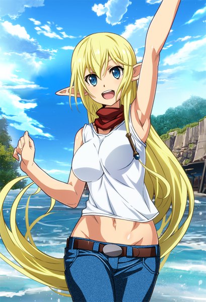 Anime picture 888x1301 with gate - jieitai ka no chi nite kaku tatakaeri a-1 pictures tuka luna marceau nyoronyoro single tall image looking at viewer fringe breasts open mouth blue eyes blonde hair smile hair between eyes large breasts standing sky cloud (clouds) very long hair :d